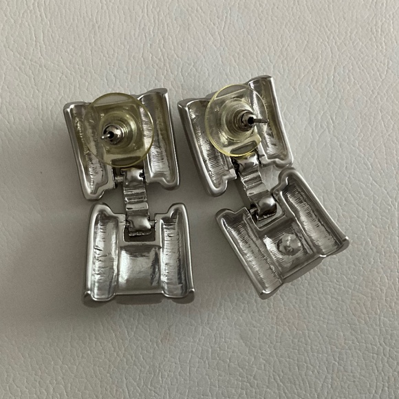 Square Hinged Post Silver Tone Earrings With Clear Rhinestones - Picture 2 of 2